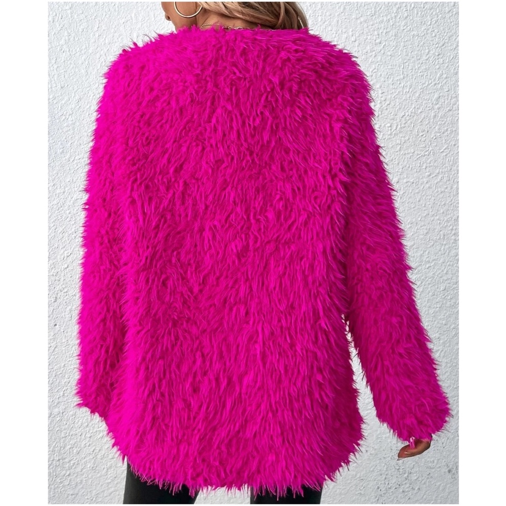Cozy Hot Pink Open Front Vegan Fur Jacket Coat - Picture 4 of 4